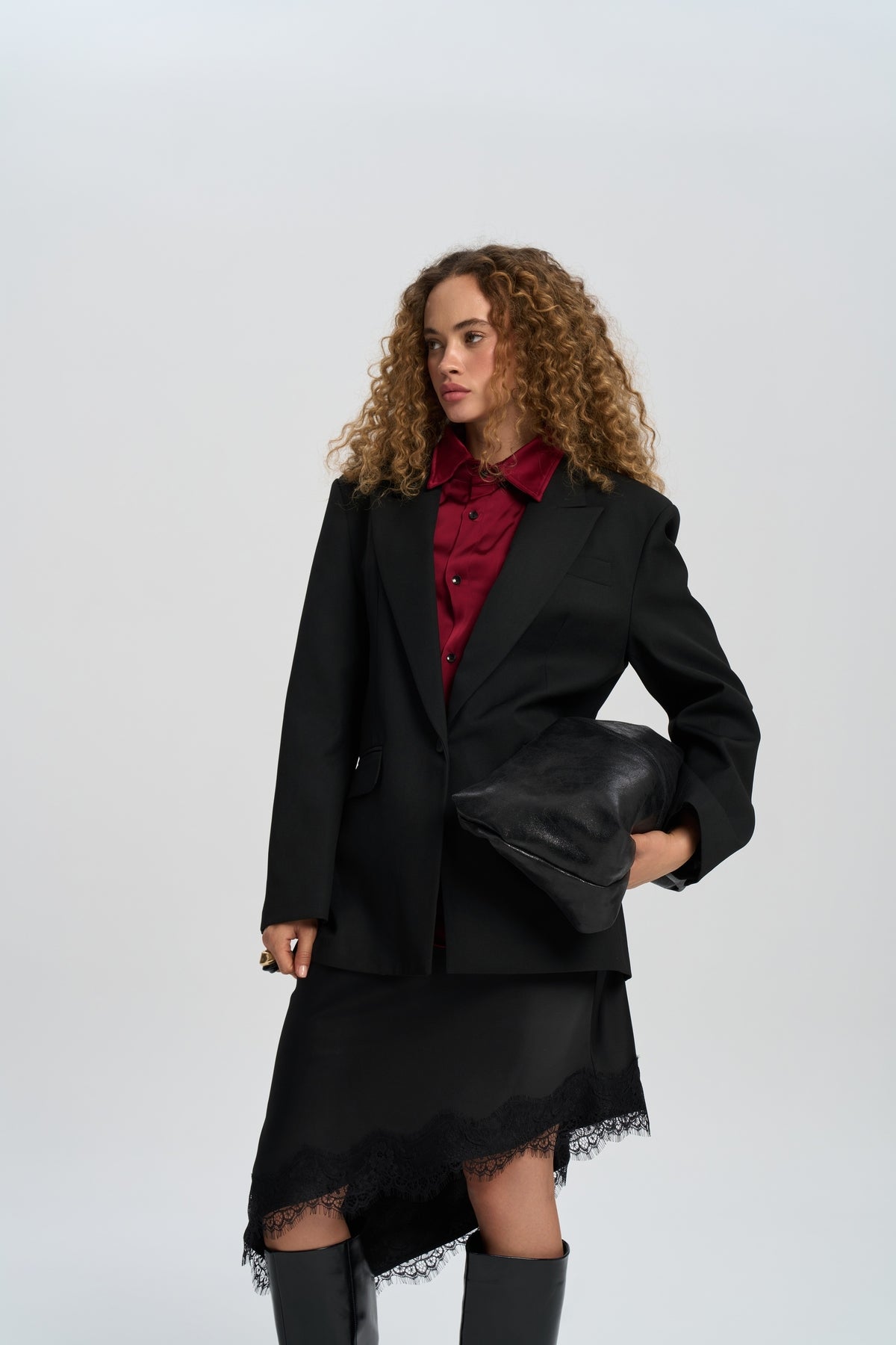 Catroux Shirt Collar Detailed Black Blazer