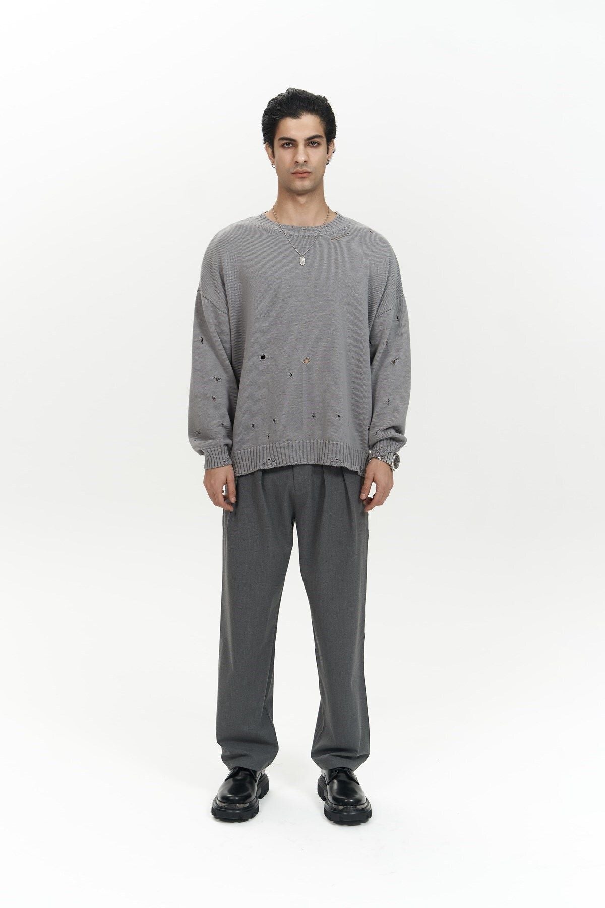 Alec Ribbed Ripped Detail Smoked Men's Knitwear Sweater