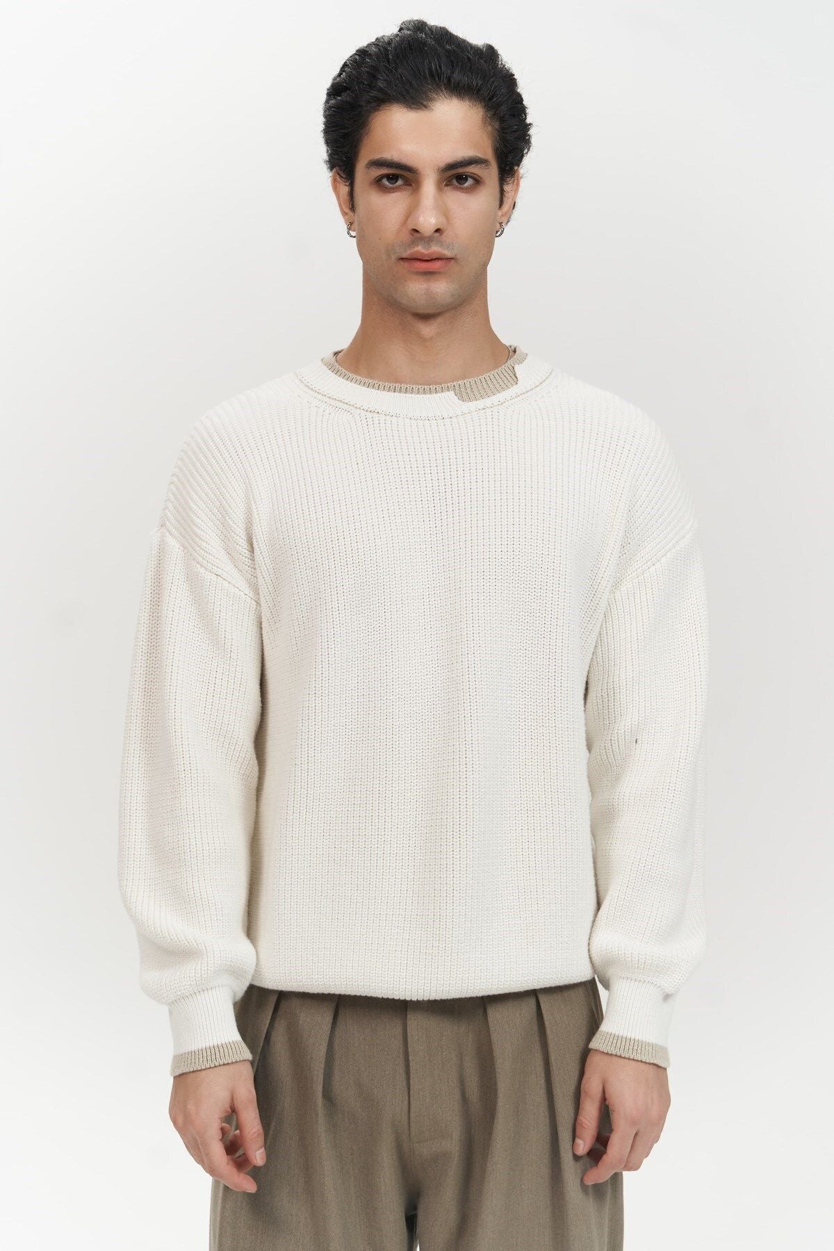 Carter Double Collar Detailed Ecru Men's Knitwear Sweater