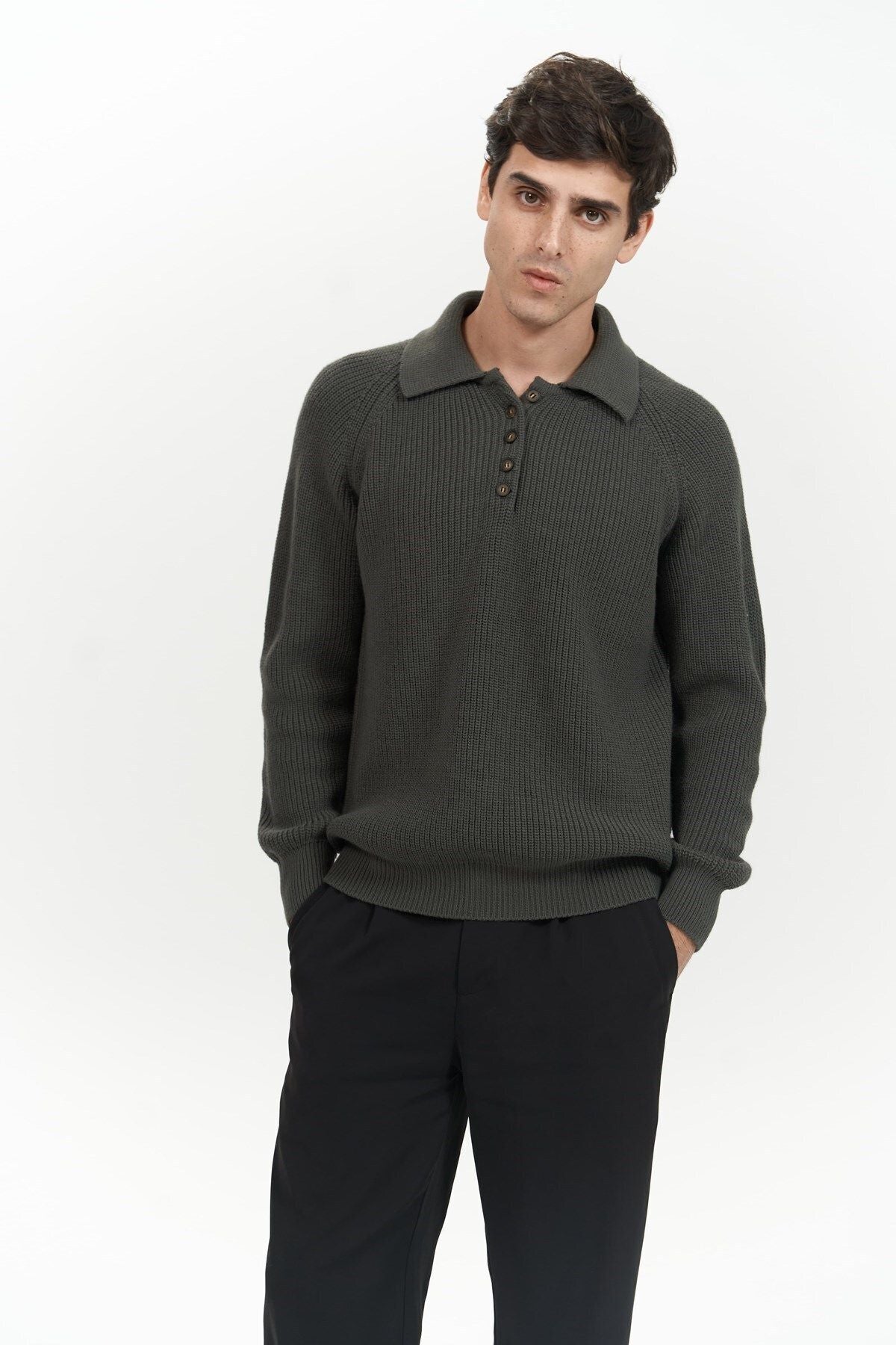 Vander Button Detail Anthracite Men's Knitwear Sweater