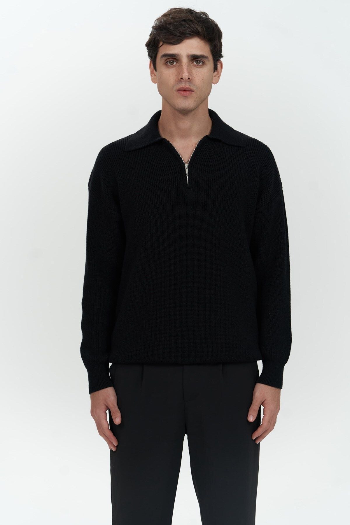 Oberon Polo Neck Half Zipper Black Men's Knitwear Sweater