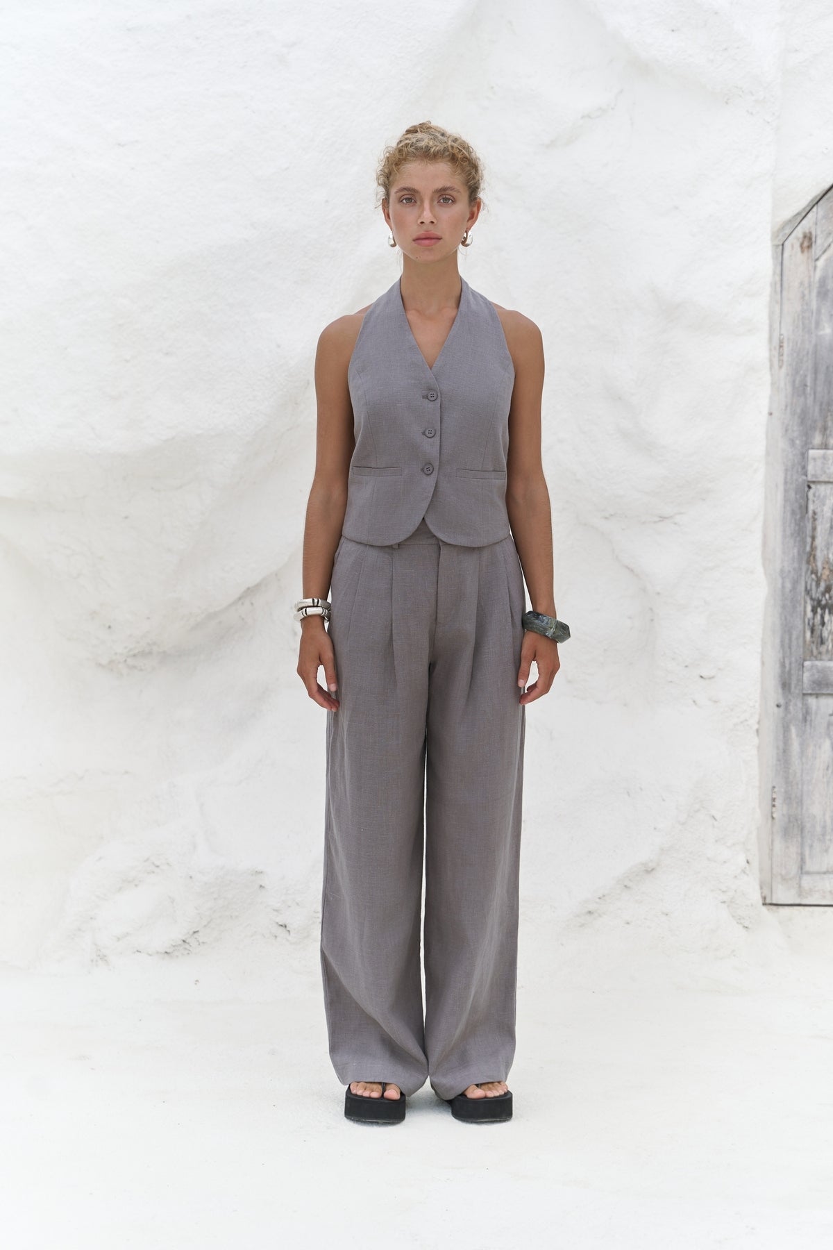Dena Backless Anthracite Linen Vest Trousers Set