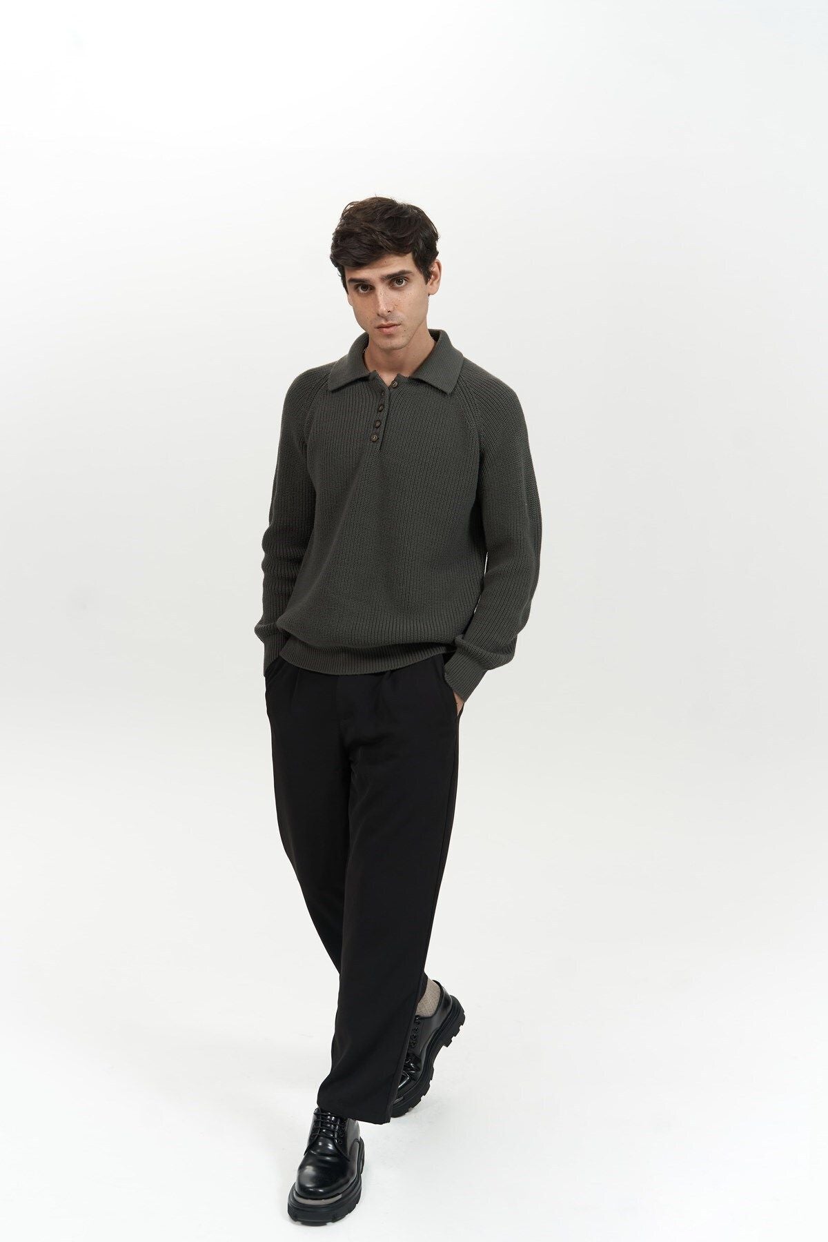Vander Button Detail Anthracite Men's Knitwear Sweater