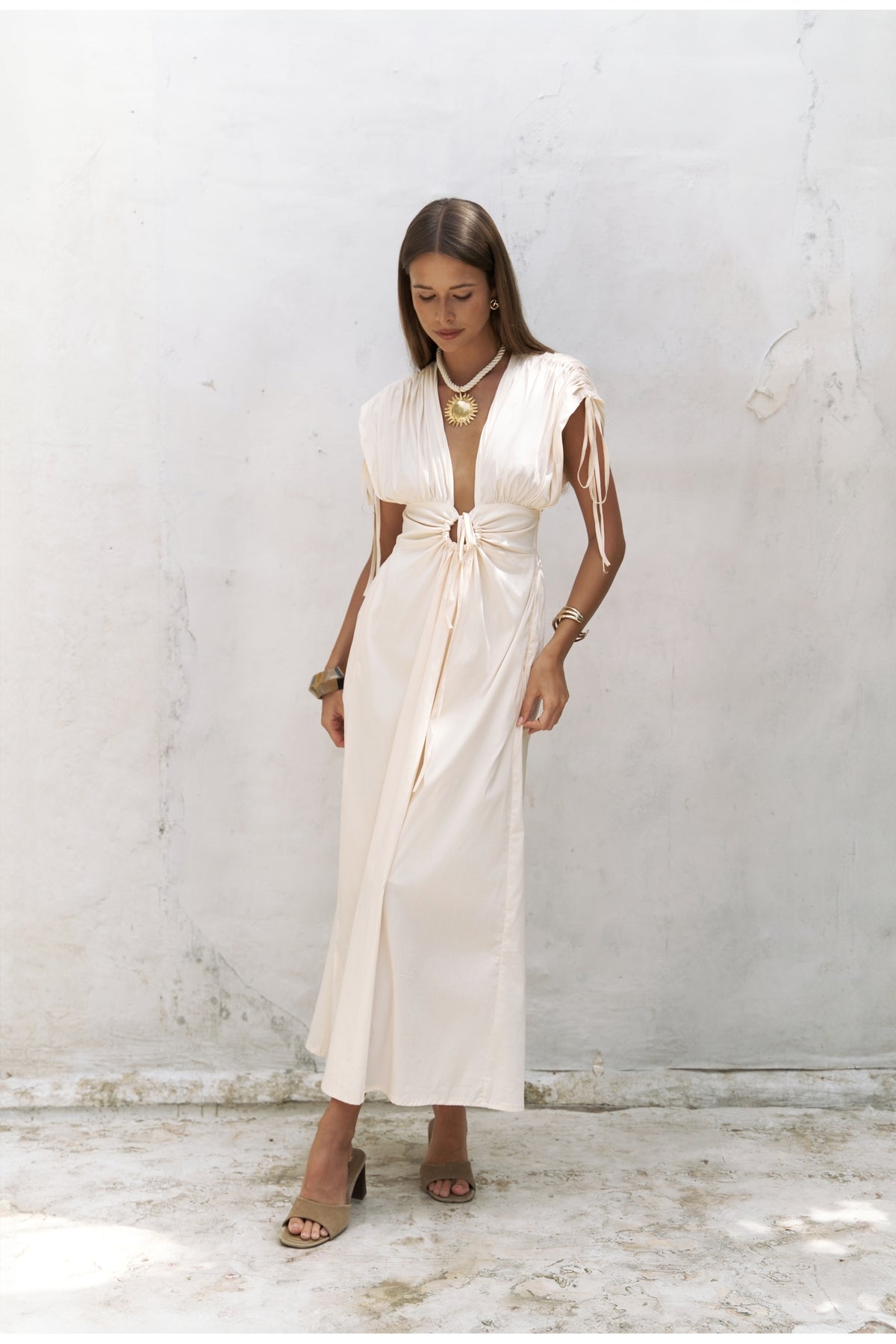 Manarola Gather Detail Beige Long Dress