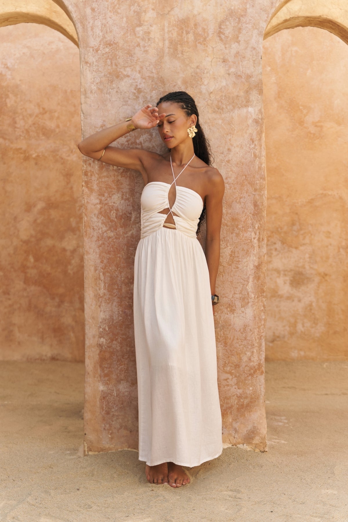 Burnika Bead Detail Ecru Linen Dress