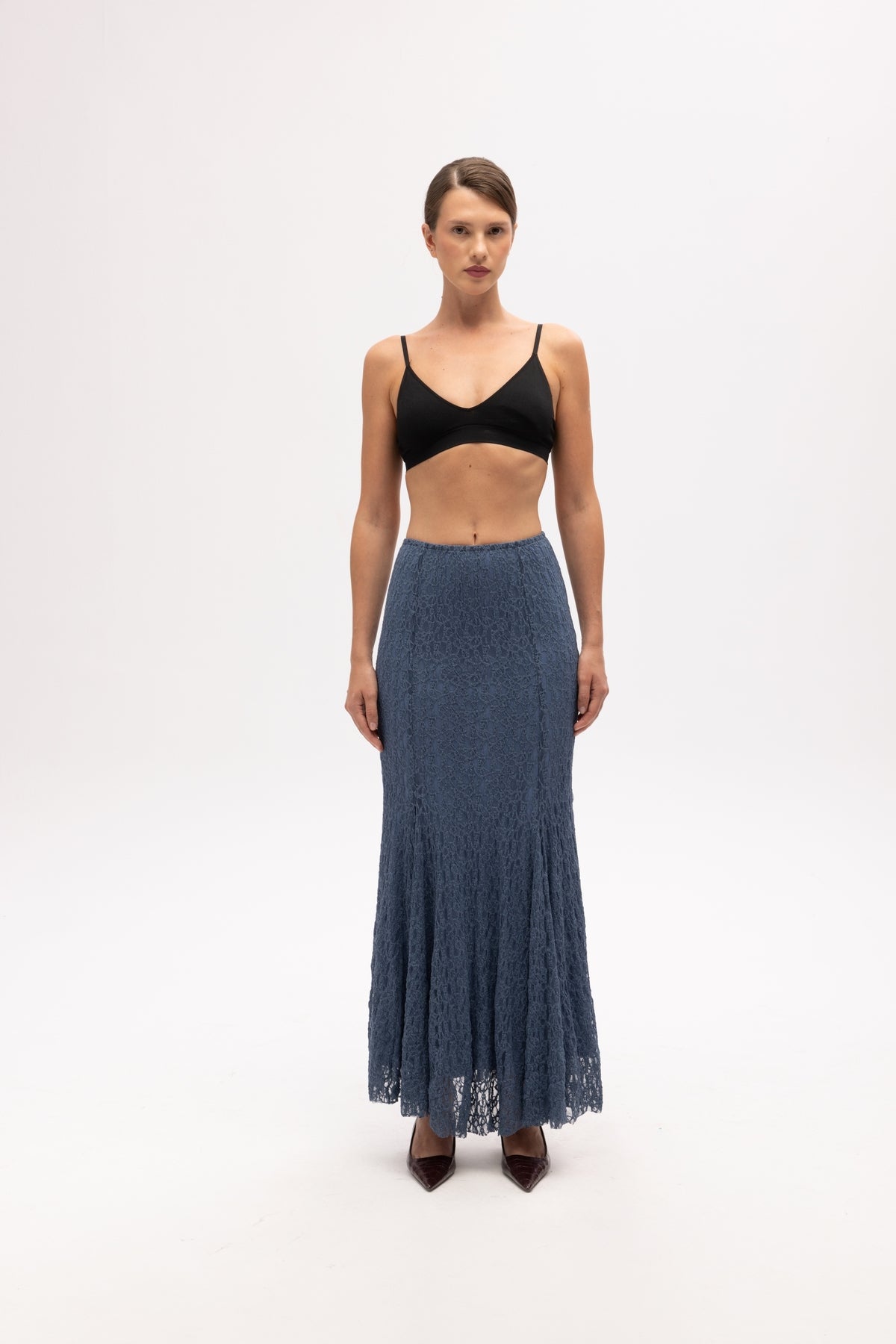 Veylia Long Indigo Lace Skirt