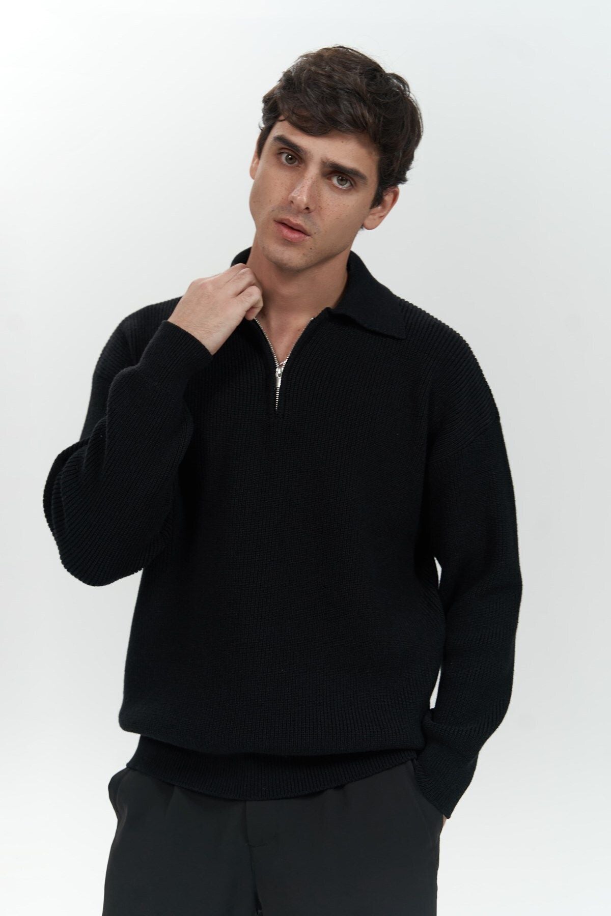 Oberon Polo Neck Half Zipper Black Men's Knitwear Sweater