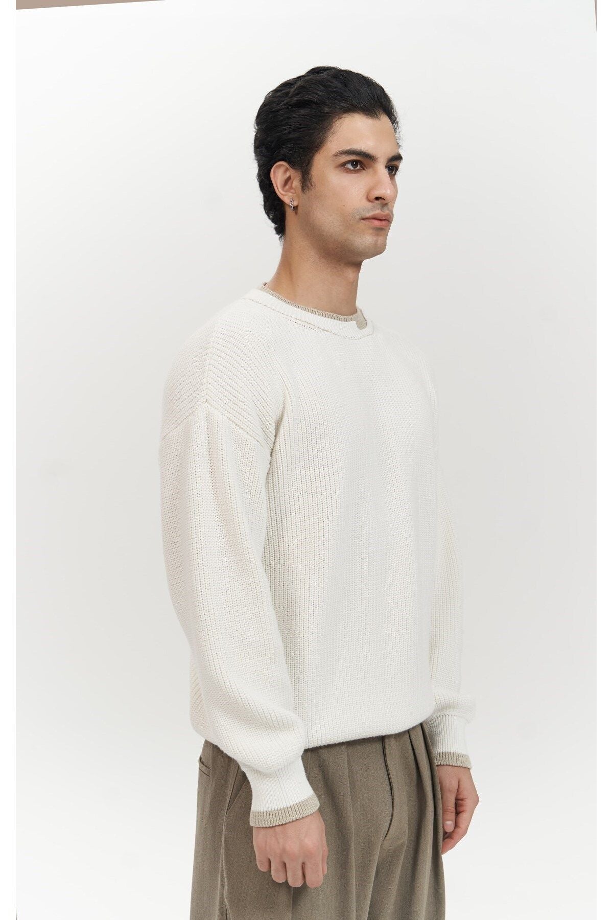 Carter Double Collar Detailed Ecru Men's Knitwear Sweater