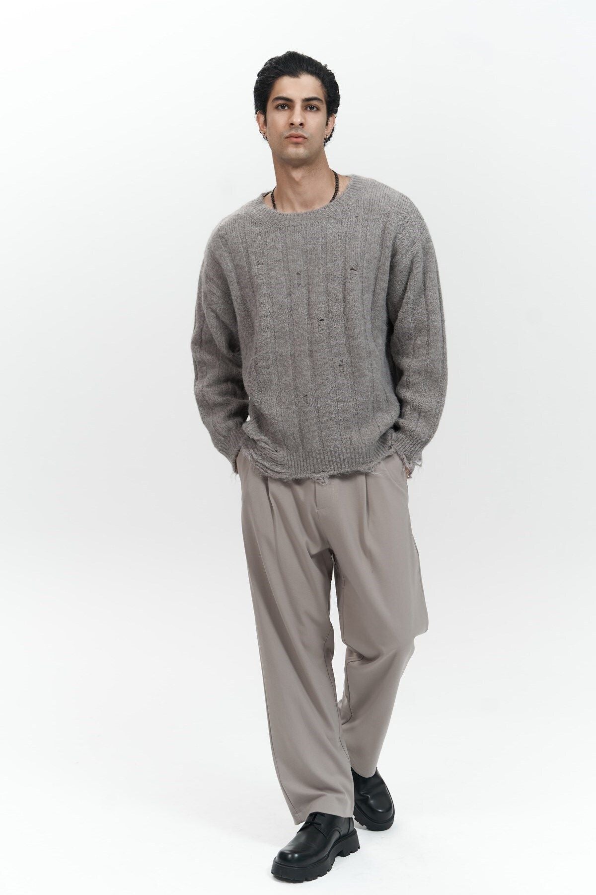 Vincent Ripped Detail Taupe Men's Knitwear Sweater