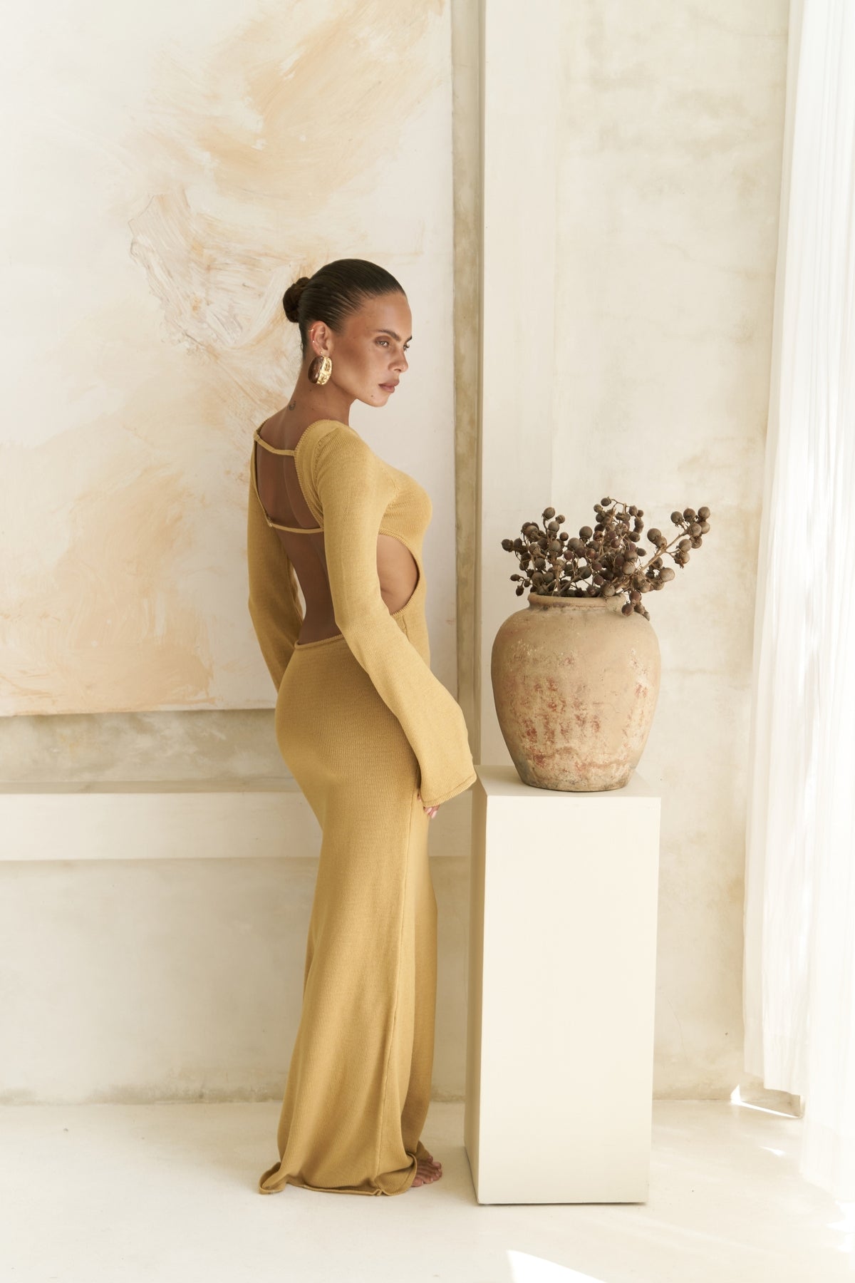 Nadias Window Detail Mustard Knitwear Long Dress