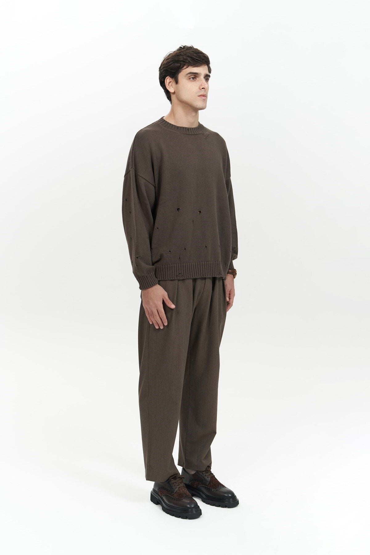 Alec Ribbed Ripped Detail Brown Men's Knitwear Sweater