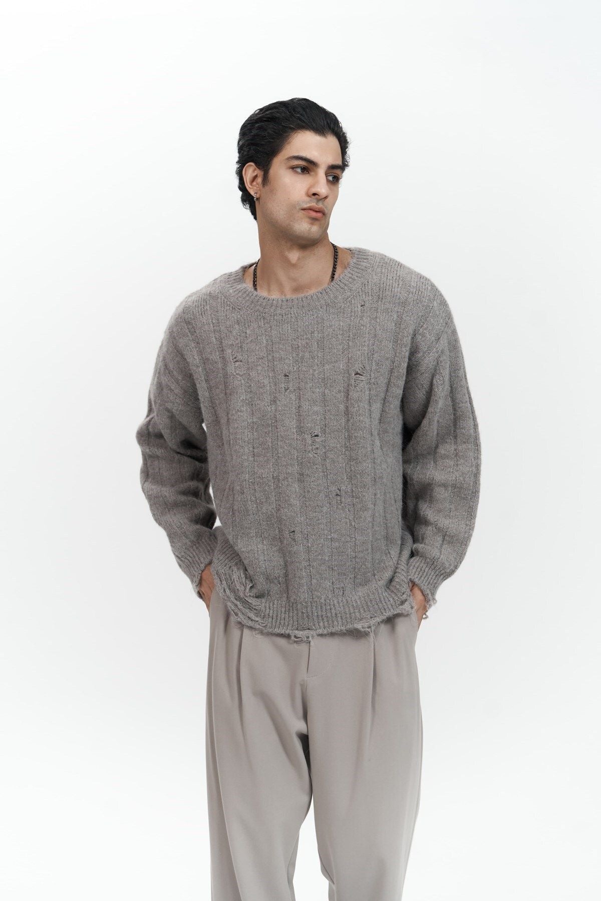 Vincent Ripped Detail Taupe Men's Knitwear Sweater